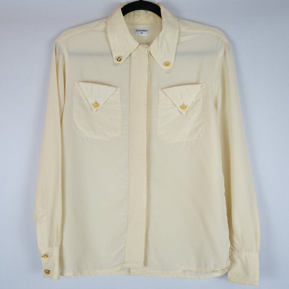 Vintage CHANEL Silk Ivory Shirt With Gold Signed Buttons, Sz Small